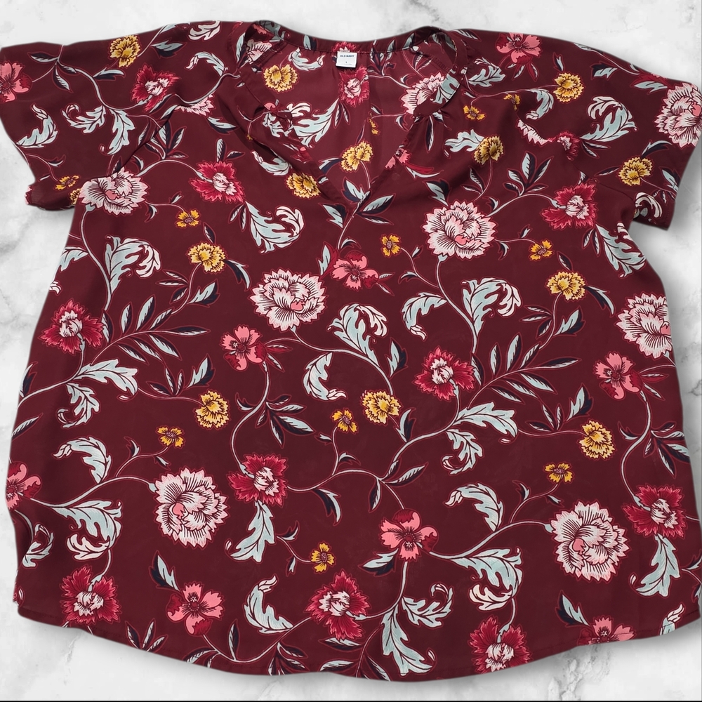 Old Navy Short Sleeve Burgundy Floral Blouse Shirt Size Large (L) B8